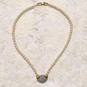 Vintage Shell Pendant Faux Pearl Necklace, Art Deco Inspired Scallop, Mom gift
